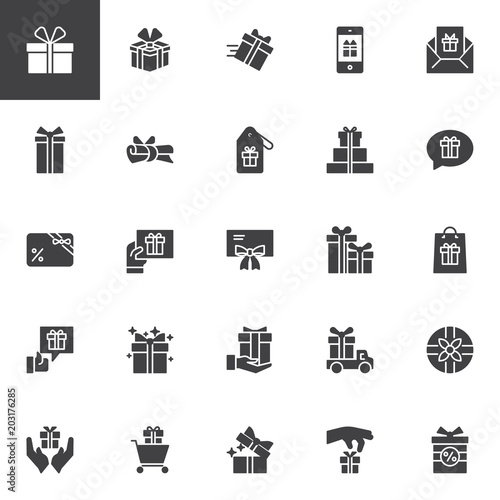 Gifts vector icons set, modern solid symbol collection, filled style pictogram pack. Signs, logo illustration. Set includes icons as gift  box with ribbon, present, surprise, birthday, bow, christmas