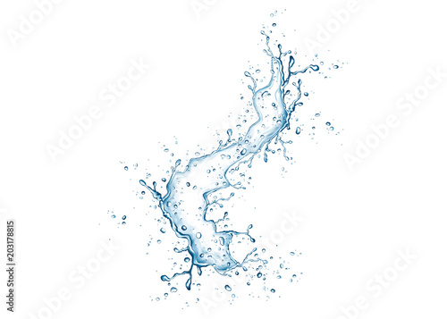 Blue water splash and drops on white background.