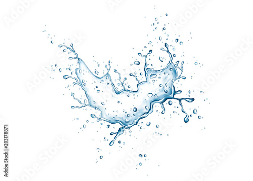 Realistiс blue water splash and drops isolated on white background.