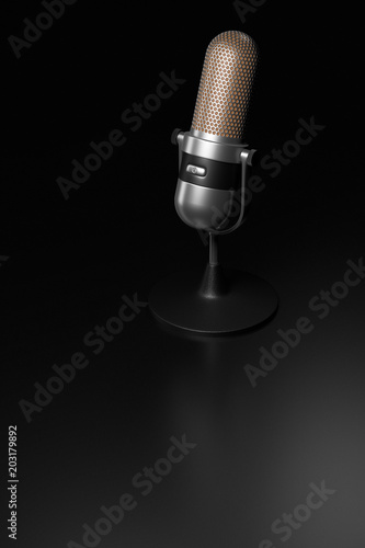 Vintage silver microphone on a dark background 3d render