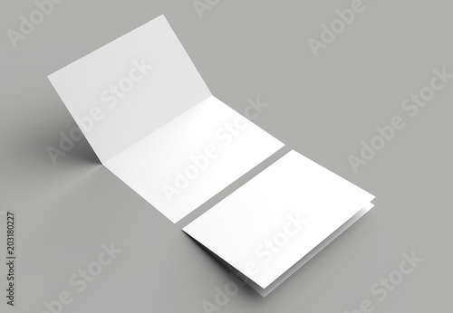 Bi fold vertical - landscape brochure or invitation mock up isolated on gray background. © Salih