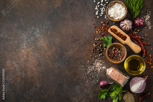 various herbs and spices on dark background.  Cooking concept. Top view. copy space photo