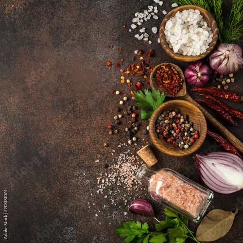 various herbs and spices on dark background. Cooking concept. Top view. copy space