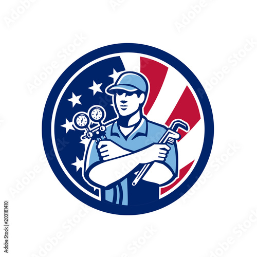 Icon retro style illustration of an American air conditioning or air-con serviceman holding manifold gauge with United States of America USA star spangled banner inside circle isolated background.