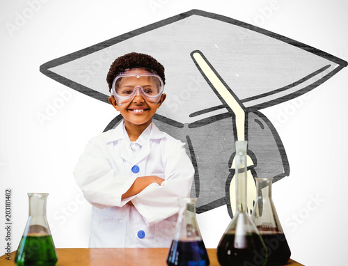 Tablou pe pânză Cute pupil dressed up as scientist against white background with vignette