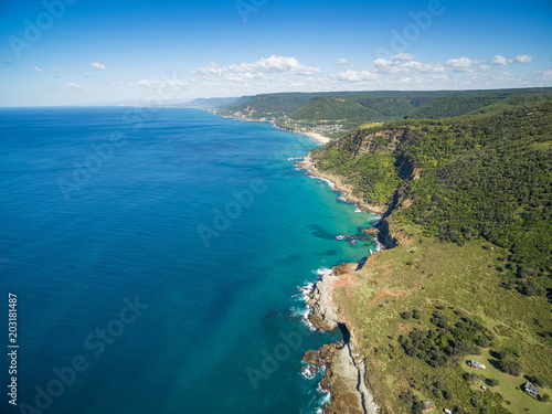 Aerial view of rugged coastline near Grand Pacific Drive, Sydney, Australia