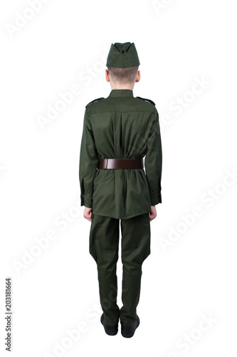 boy in uniform standing at attention in back view, isolated on white