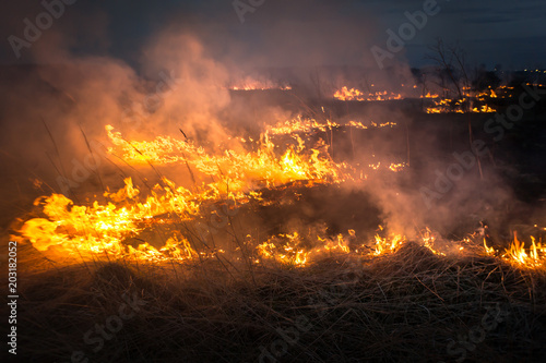 The fire situation in the spring. Burning dry grass at the field