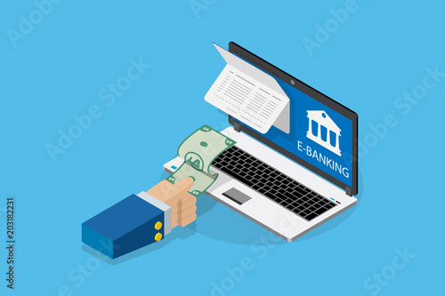 isometric business hand pull banknote from account passbook with laptop, financial and business concept