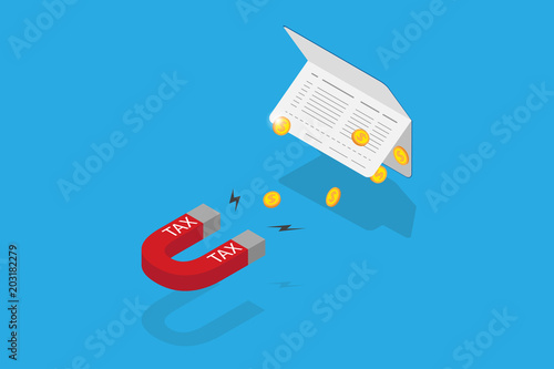 isometric horseshoe magnet attracting coins from account passbook, tax and business concept