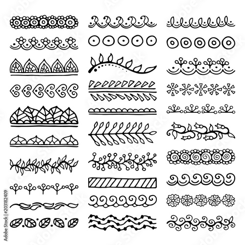 Mehndi style vector dividers. Set of creative hand drawn borders for your blog post decoration. Decorative lines for indian restaurant menu design. Perfect for your business.