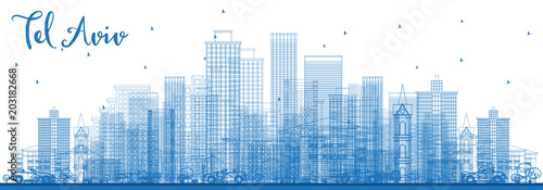 Outline Tel Aviv Israel Skyline with Blue Buildings.