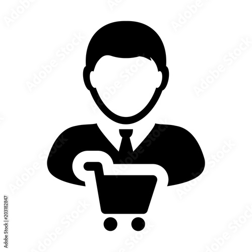 Shopping cart icon vector with male customer person profile avatar symbol for buying goods in Glyph Pictogram illustration