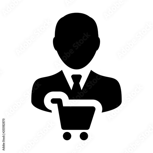 Shopping cart icon vector with male customer person profile avatar symbol for buying goods in Glyph Pictogram illustration