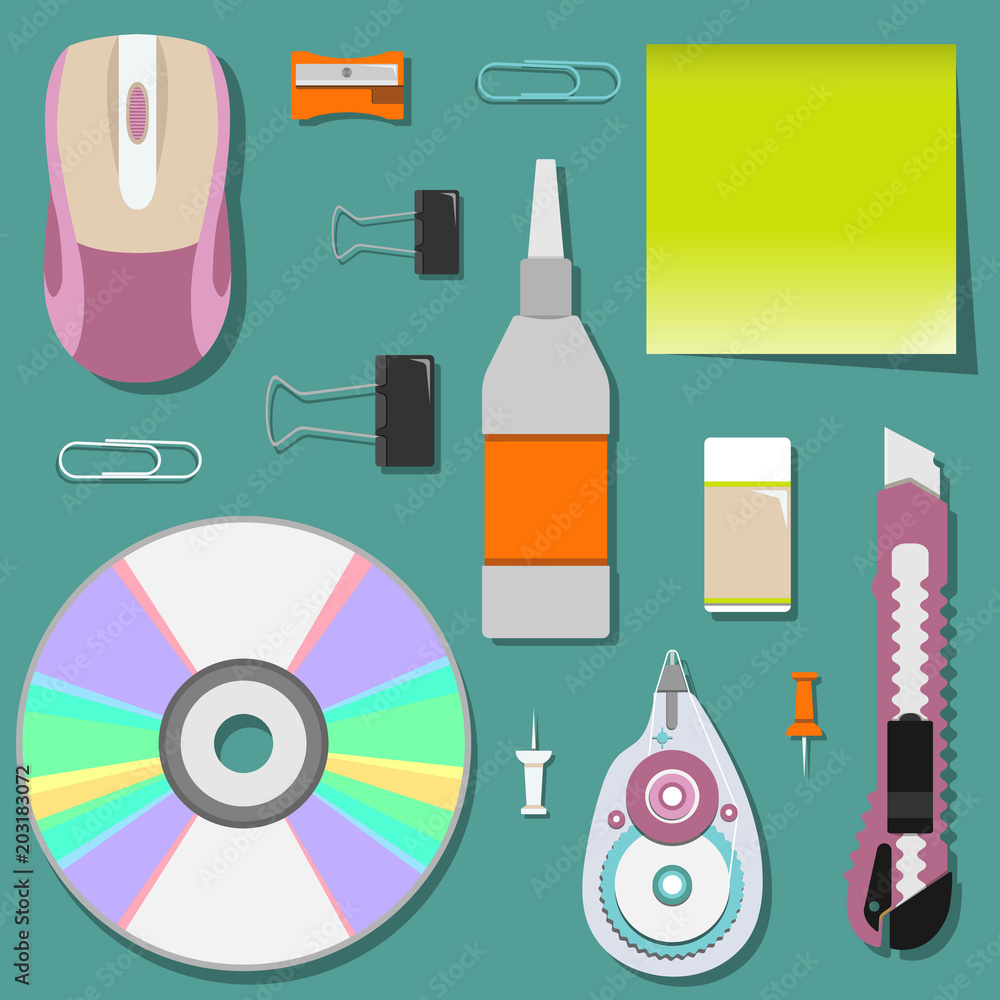 Flat set of stationery on the table for office or school. Flat set of stationery on the table for office or school.