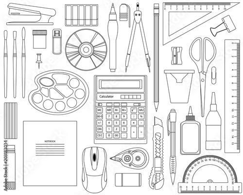 Black-and-white vector set of office supplies.