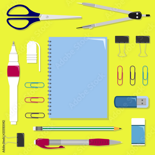 Flat set of stationery on the table. School or office vector set.