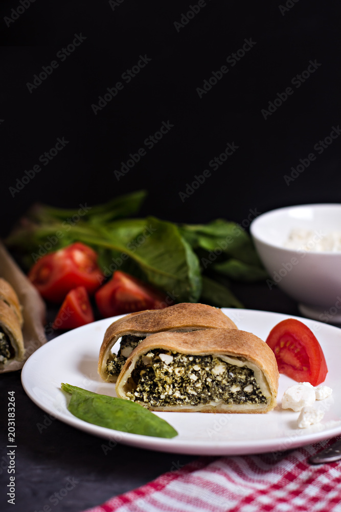Pie or strudel with spinach and feta cheese