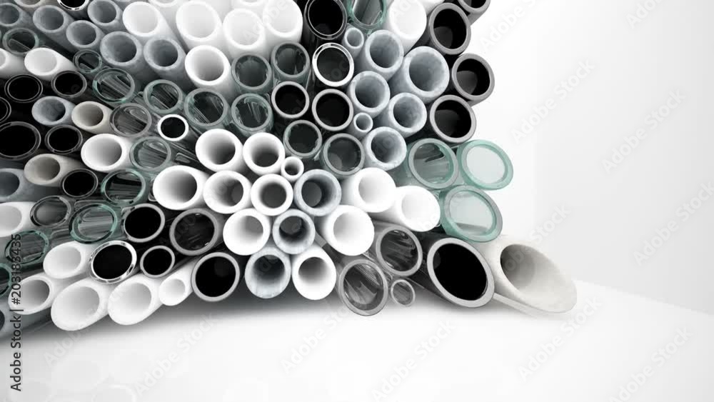 Abstract interior array of pipes made of different materials. Architectural background. 3D animation and rendering Abstract interior array of pipes made of different materials. Architectural background. 3D animation and rendering