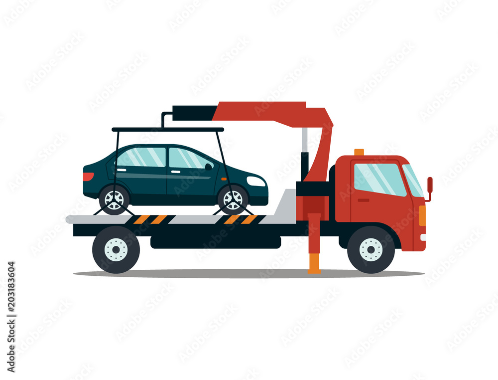 Car evacuating broken or damaged auto isolated on white background. Evacuator carrying car to the parking lot. Repair service vector illustration Car evacuating broken or damaged auto isolated on white background. Evacuator carrying car to the parking lot. Repair service vector illustration