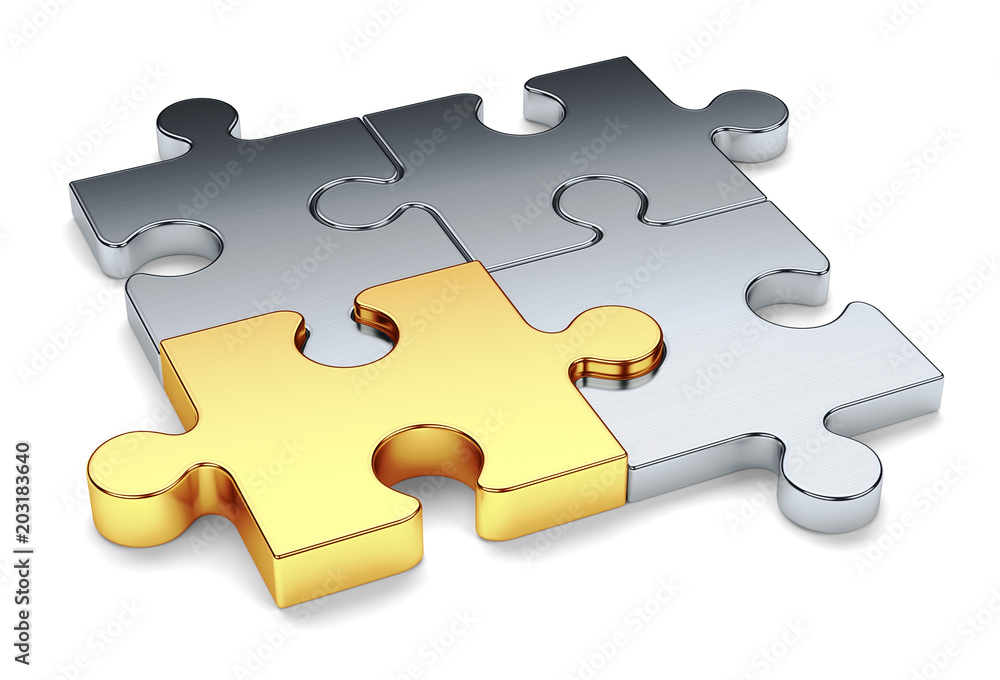 Four puzzle pieces with gold part on a white background. 3d render illustration. Four puzzle pieces with gold part on a white background. 3d render illustration.
