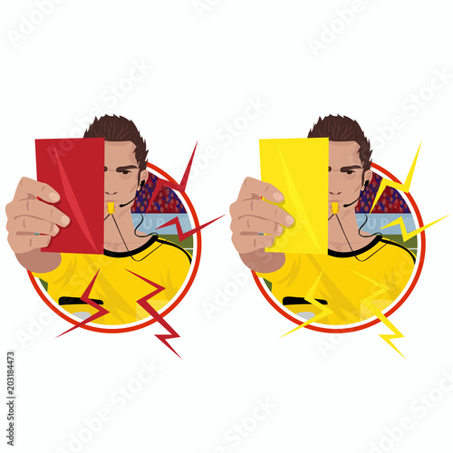Set of round emblems or stickers with soccer referee whistling and holding yellow card and red card. Realistic cartoon style