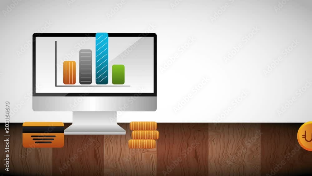 diagram statistic on monitor computer coins and bank card animation diagram statistic on monitor computer coins and bank card animation