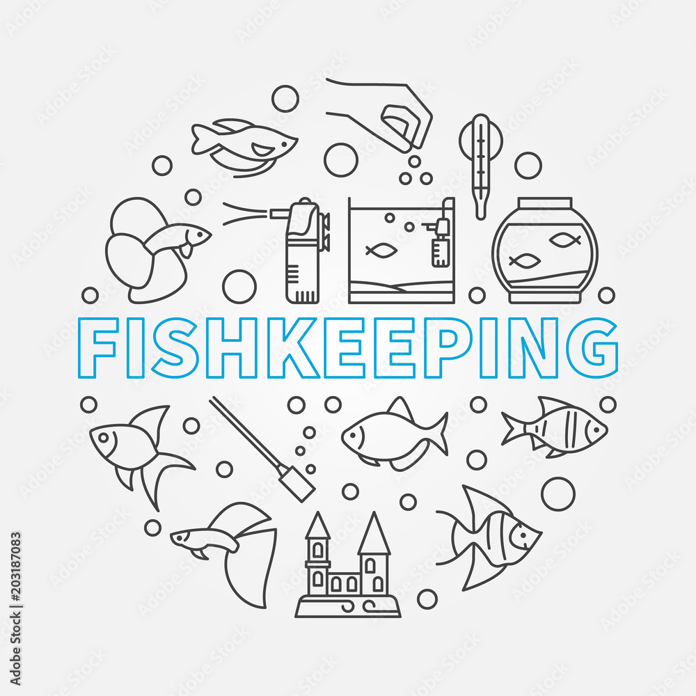 Fishkeeping vector round illustration made of linear icons