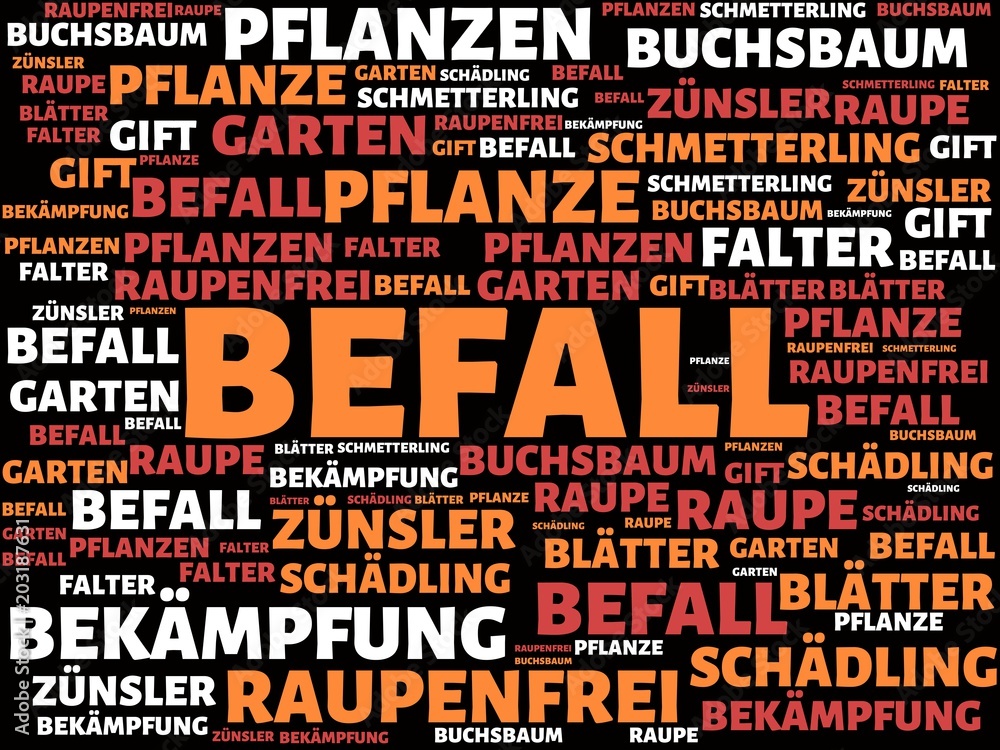 BEFALL - Bilder mit Wörtern aus dem Bereich Buchsbaumzünsler Schädling , Wort, Bild, Illustration