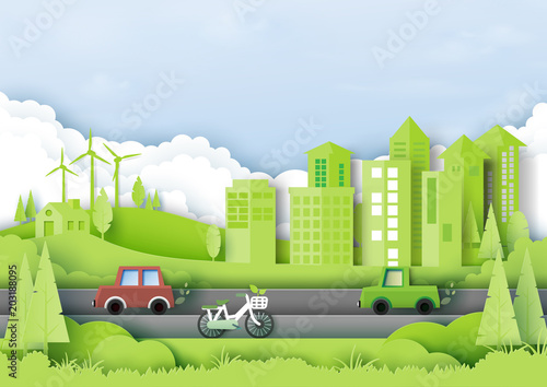 Green eco city with environment and ecology concept paper art style.Vector illustration.