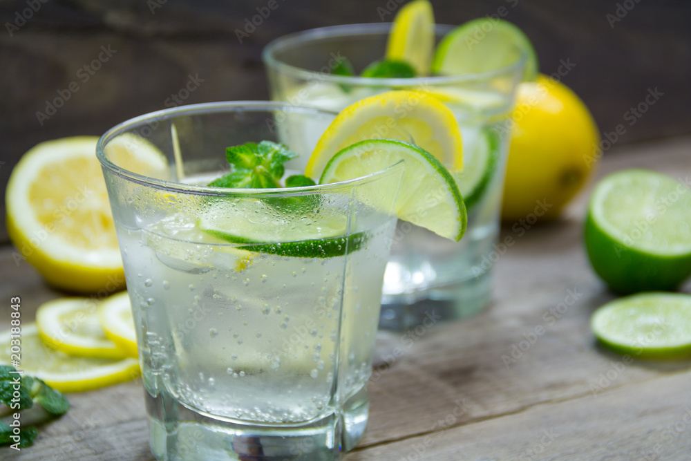 Summer cocktail. Mojito, tonic water with mint, lemon, lime, and ice cubes Summer cocktail. Mojito, tonic water with mint, lemon, lime, and ice cubes