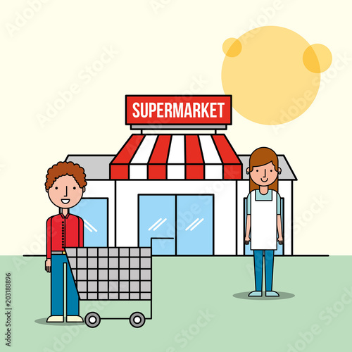 saleswoman and customer man front supermarket with shopping cart vector illustration