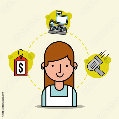 woman cartoon employee supermarket tag price cash register and scanner vector illustration