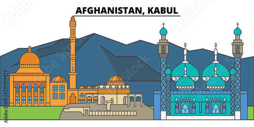 Afghanistan, Kabul. City skyline: architecture, buildings, streets, silhouette, landscape, panorama, landmarks, icons. Editable strokes. Flat design line vector illustration concept