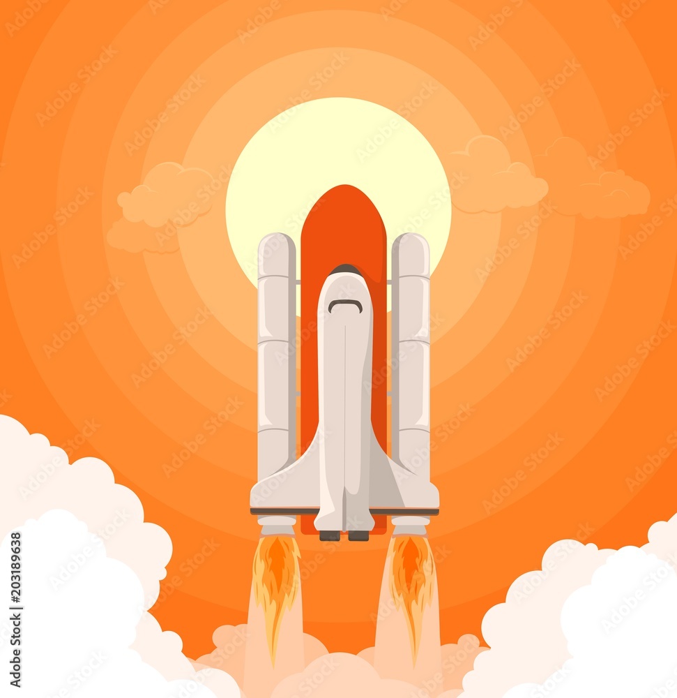 Heavy Rocket Launch On The Background Of orange sun set flat style vector illustration