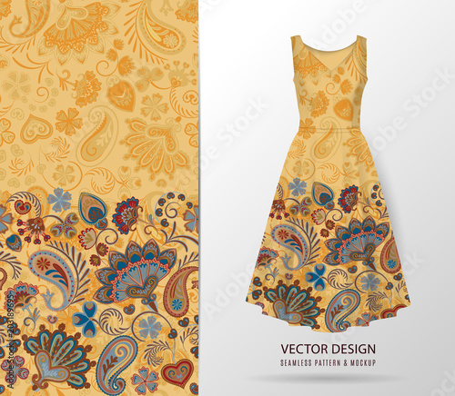 Fantasy flowers seamless paisley pattern on dress mockup. Wrapping print. Floral ornament, for fabric, textile, cards, batik, wallpaper template, packaging. Ornamental background. Beige