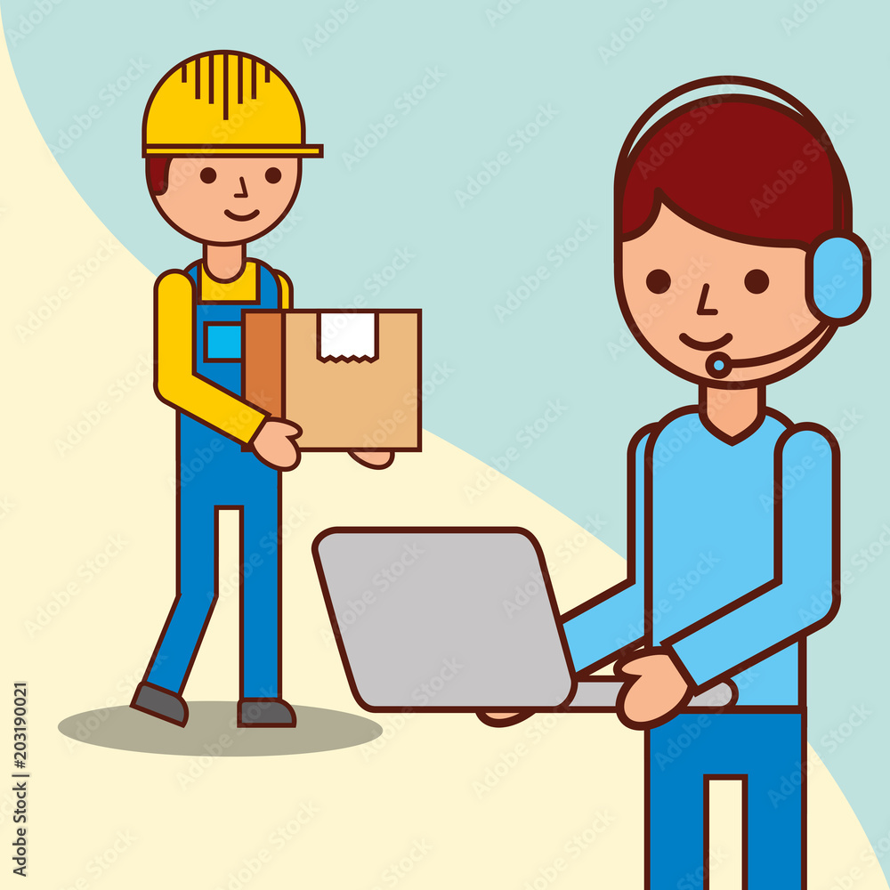 delivery man with a box and operator man holds laptop vector illustration delivery man with a box and operator man holds laptop vector illustration