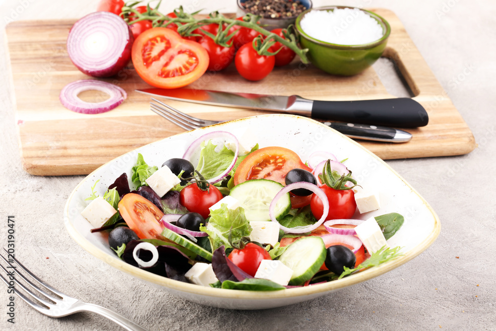 Salad with cheese and fresh vegetables and olives. Greek salad.