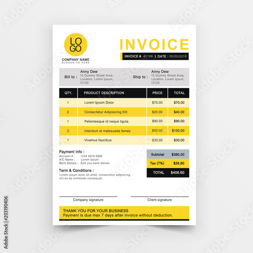 Invoice template vector design. Yellow minimal quotation design.