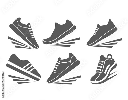 Faster sports shoes icon set