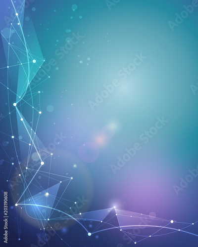Abstract Molecules with Circles, Lines, Geometric, Polygon, Triangle pattern. Vector design network communication technology on green blue background. Futuristic- digital science technology concept