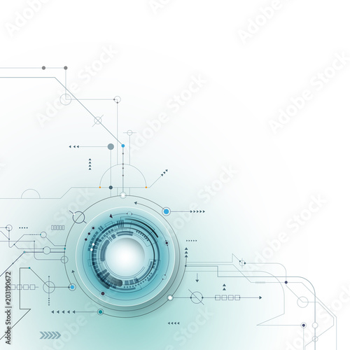 Vector illustration Abstract futuristic eyeball on circuit board, high computer technology. Light green and blue color background