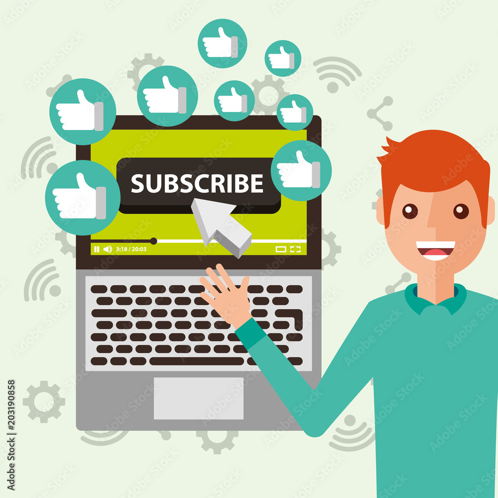 blogger man pointing laptop subscribe likes vector illustration blogger man pointing laptop subscribe likes vector illustration