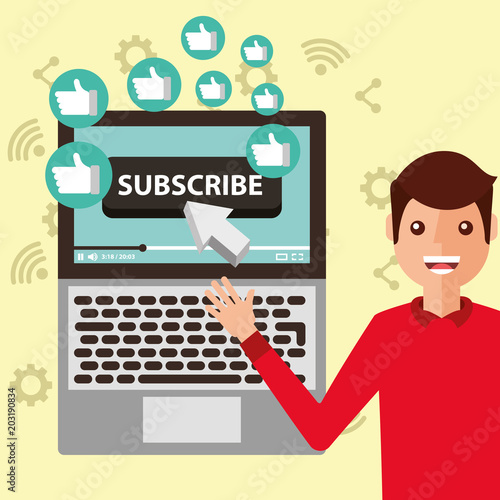 blogger man pointing laptop subscribe likes vector illustration