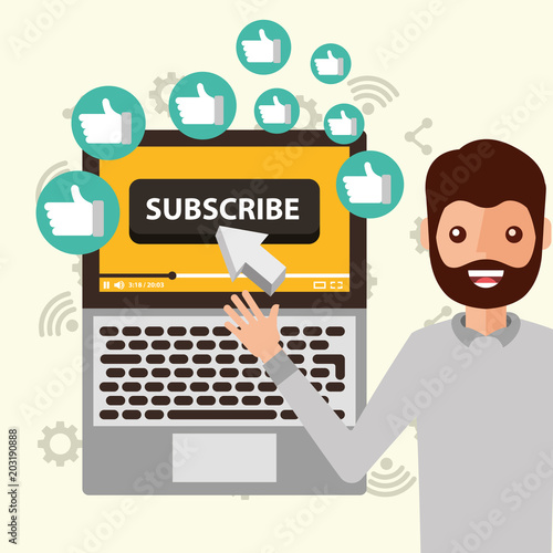 blogger man pointing laptop subscribe likes vector illustration