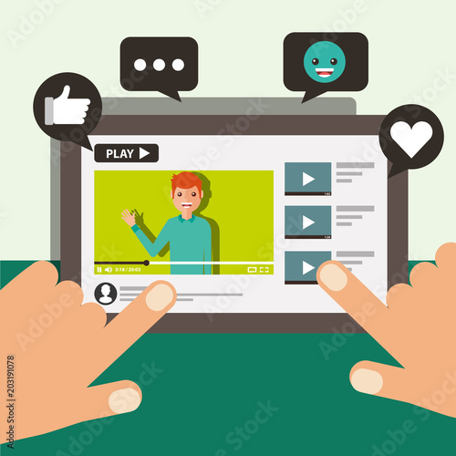 hand touching screen mobile blogger man video viral content vector illustration photo