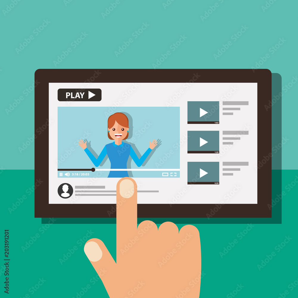 hand with tablet woman on screen video blogger vector illustration hand with tablet woman on screen video blogger vector illustration