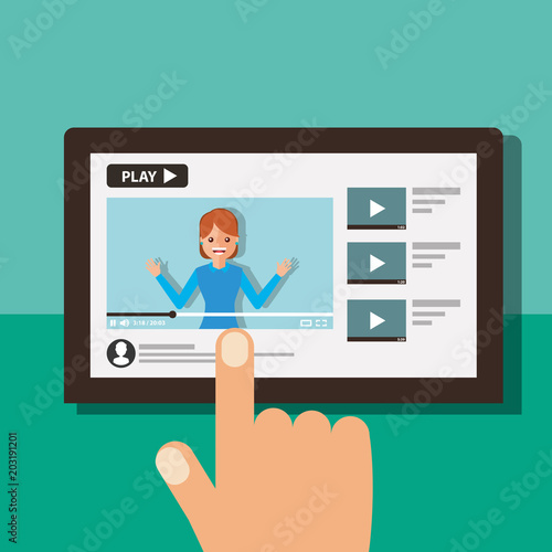 hand with tablet woman on screen video blogger vector illustration