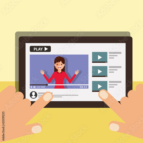 hand with tablet woman on screen video blogger vector illustration
