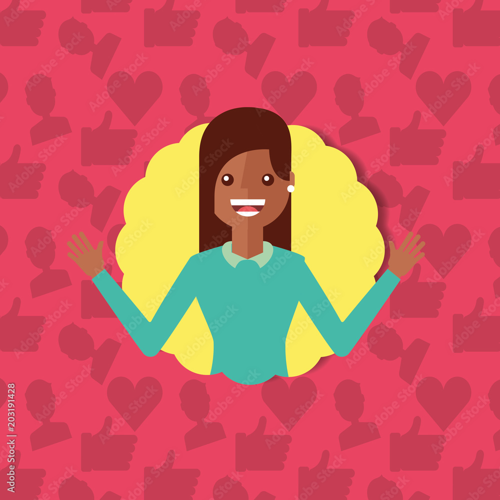happy young woman with social media icons background vector illustration happy young woman with social media icons background vector illustration